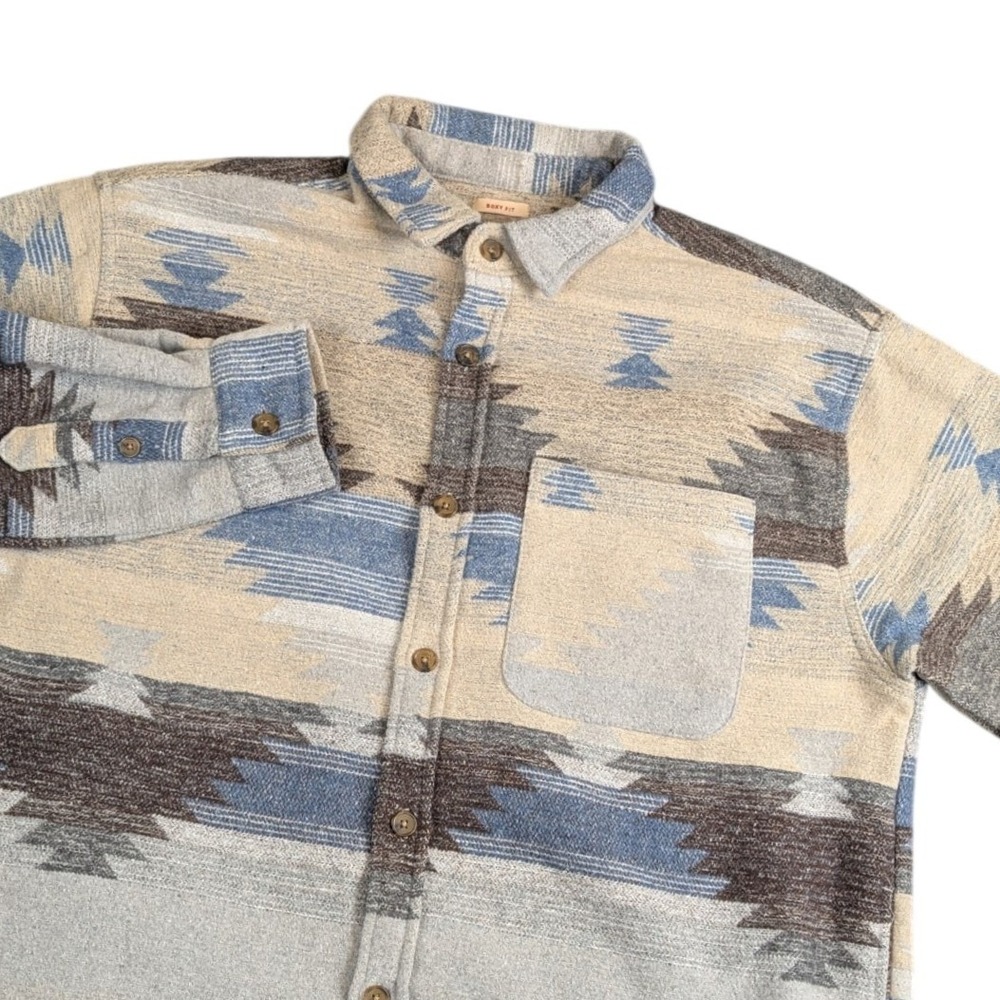 Brooklyn Cloth Mens Medium Boxy Aztec Southwestern Button Down Shirt Blue Tan